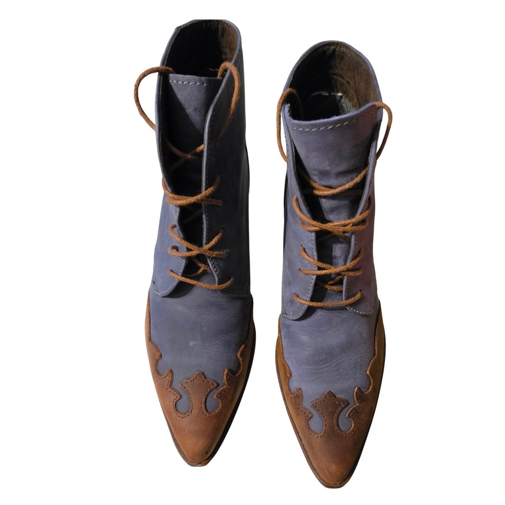 Spiegel Vintage Blue Brown Leather Lace Up Western Ankle Boots Made in Spain 8B